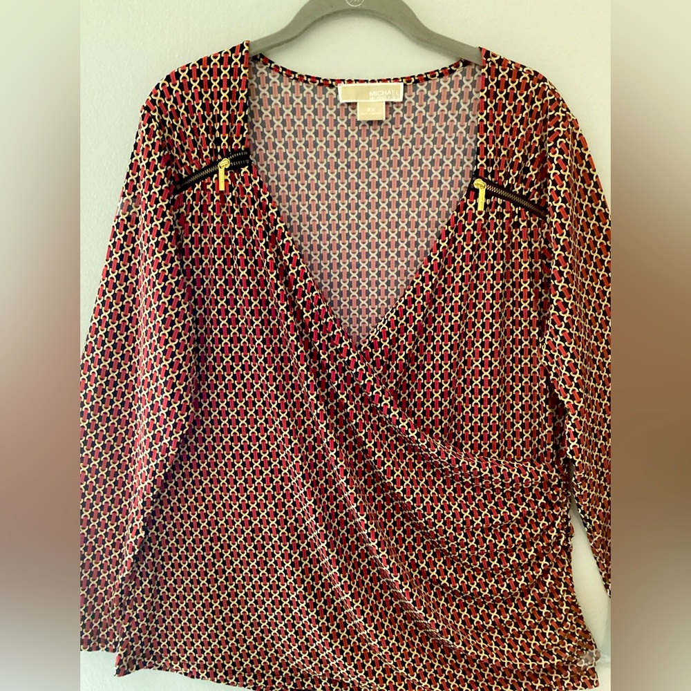 Michael Kors geometric shape faux wrap blouse.